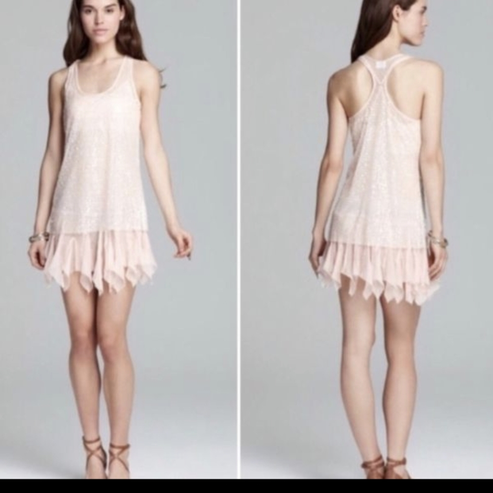 Free People Blush Pink Sequin Asymmetrical Raw Hem Slip Dress Size: Small